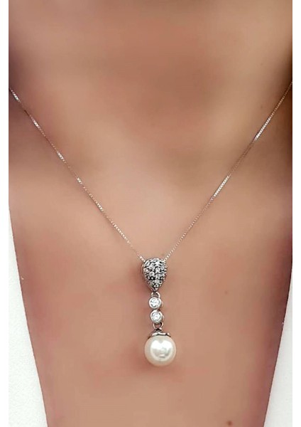 Zirkon taşlı 925 ayar gümüş inci kolye