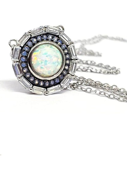 Opal Taşlı İtalyan Tasarımı Lüks Gümüş Kolye