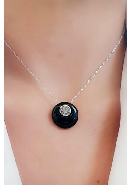 Siyah Mineli Swarovski Taşlı 925 Ayar Gümüş Kolye fiyatları