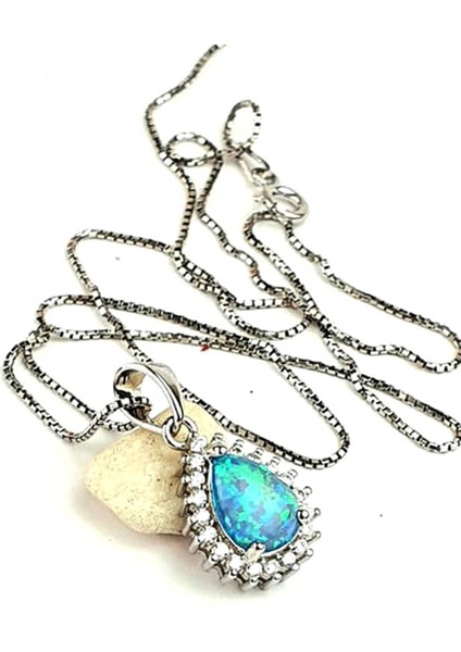 Zirkon Taş Detaylı Opal Taşlı Italyan 925 Ayar Gümüş Damla Kolye