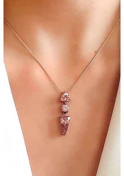 Pembe Zirkon Taşlı Gümüş Modern Kolye