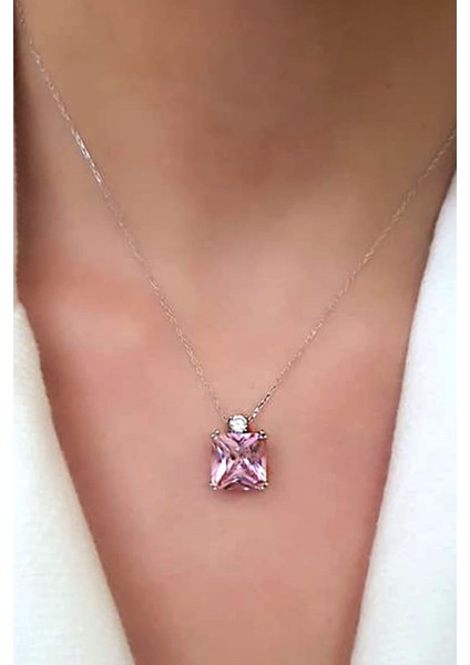 Pembe Zirkon Taşlı Gümüş Kolye