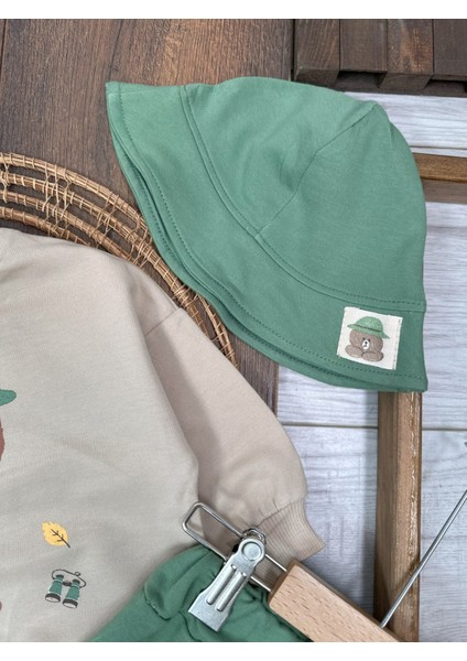Babybiscoi Ayıcık Basklı Safari Şapkalı Uzun Kollu 3'lü Erkek Bebek Takım modelleri