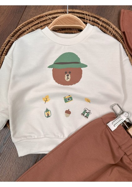 Babybiscoi Ayıcık Basklı Safari Şapkalı Uzun Kollu 3'lü Erkek Bebek Takım