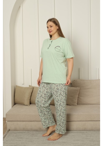 Büyük Beden Kısa Kollu Pamuklu Kadın Pijama Takımı