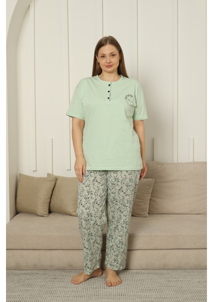Büyük Beden Kısa Kollu Pamuklu Kadın Pijama Takımı