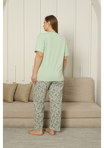 Büyük Beden Kısa Kollu Pamuklu Kadın Pijama Takımı