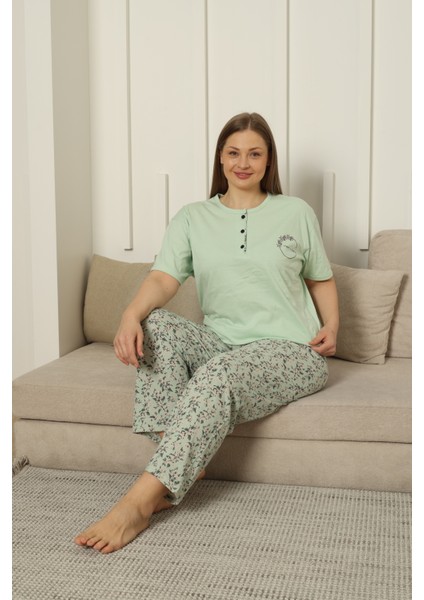 Büyük Beden Kısa Kollu Pamuklu Kadın Pijama Takımı