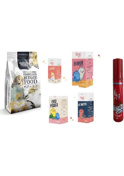 Muhabbet Kuşu Yemi Seti (Natura Plan Muhabbet Yemi 1 kg + Kuş Vitamini 50 cc x 4 + Dermobit Sprey) fiyatları