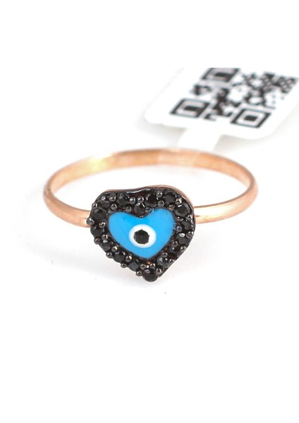 925 Ayar Gümüş Kalp Modeli Yüzük Pembe - Siyah Taş