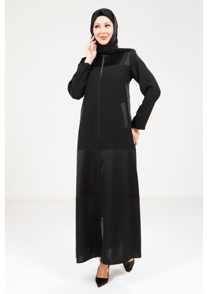 Cepli Fermuarlı Siyah Ferace 9208