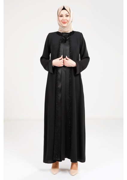 Saten Elbiseli Siyah Abaya 9269