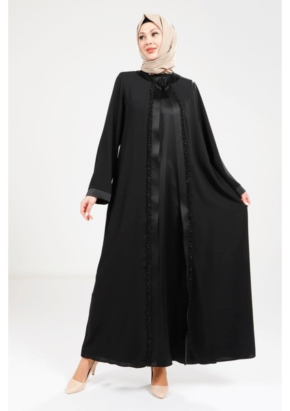 Saten Elbiseli Siyah Abaya 9269