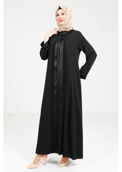Saten Elbiseli Siyah Abaya 9269