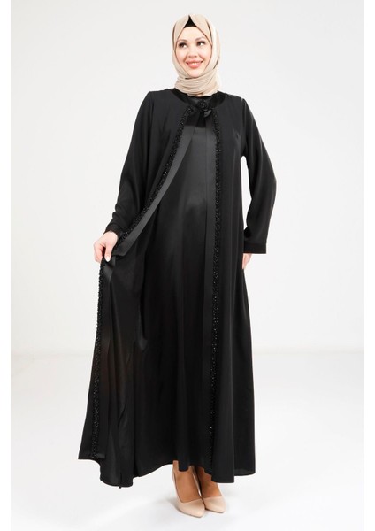 Saten Elbiseli Siyah Abaya 9269