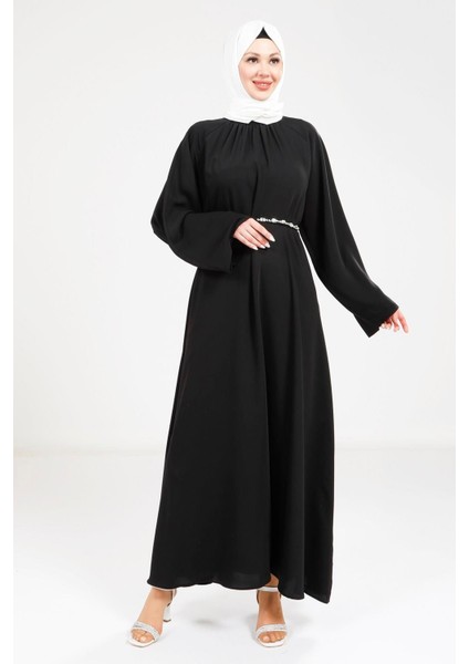 Taş Kemer Detaylı Siyah Elbise 9271