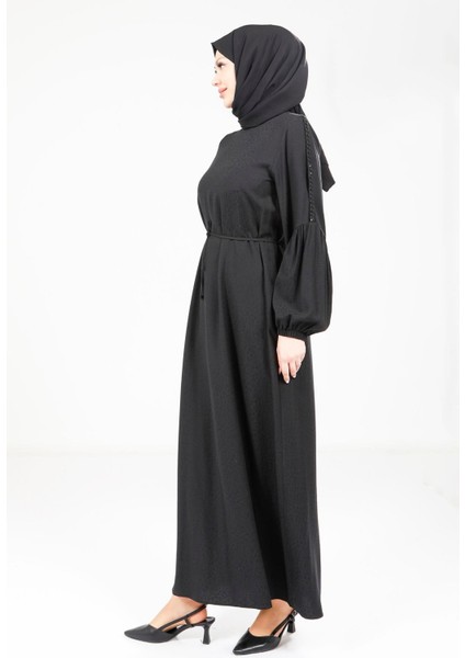 Kolu Örgülü Siyah Elbise 9355