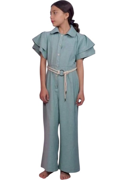 Kız Çocuk Kemer Aksesuarlı Düğme Kapamalı Su Yeşili Tulum