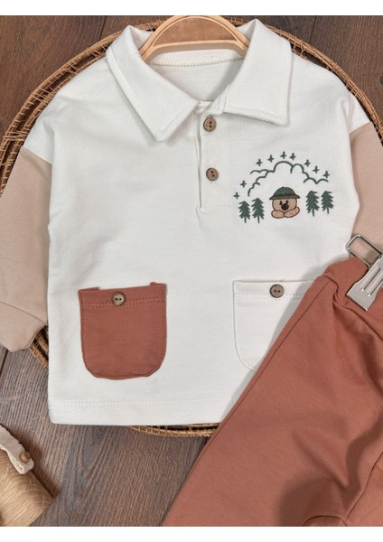 Babybiscoi Ayıcık Nakışlı Polo Yaka Cep Detaylı 2'li Erkek Bebek Takım