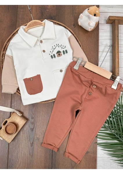 Babybiscoi Ayıcık Nakışlı Polo Yaka Cep Detaylı 2'li Erkek Bebek Takım modelleri