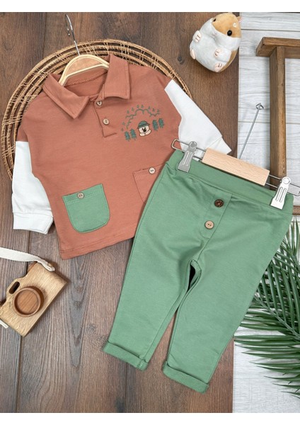 Babybiscoi Ayıcık Nakışlı Polo Yaka Cep Detaylı 2'li Erkek Bebek Takım