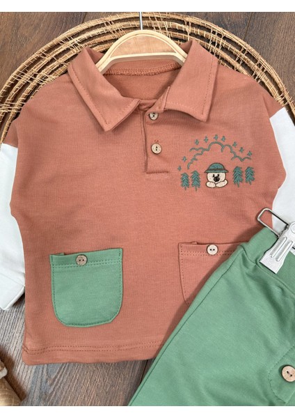Babybiscoi Ayıcık Nakışlı Polo Yaka Cep Detaylı 2'li Erkek Bebek Takım modelleri