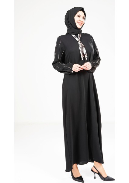 Fularlı Siyah Elbise 9295 fiyatları