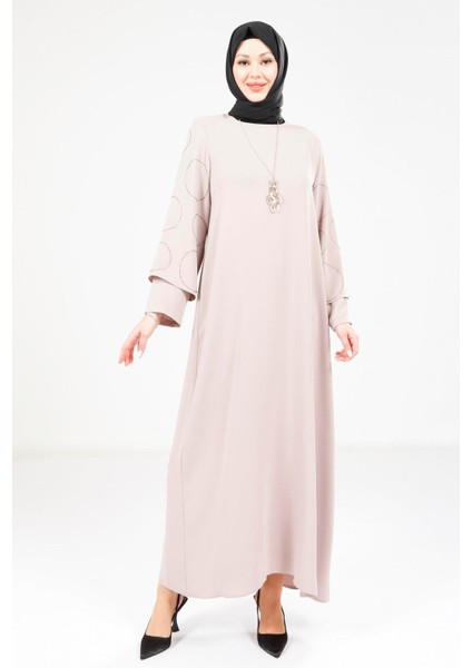 Kolu Taşlı Kolyeli Bej Elbise 9292