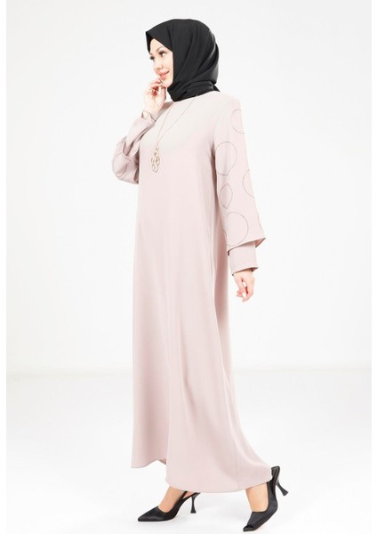 Kolu Taşlı Kolyeli Bej Elbise 9292 modelleri