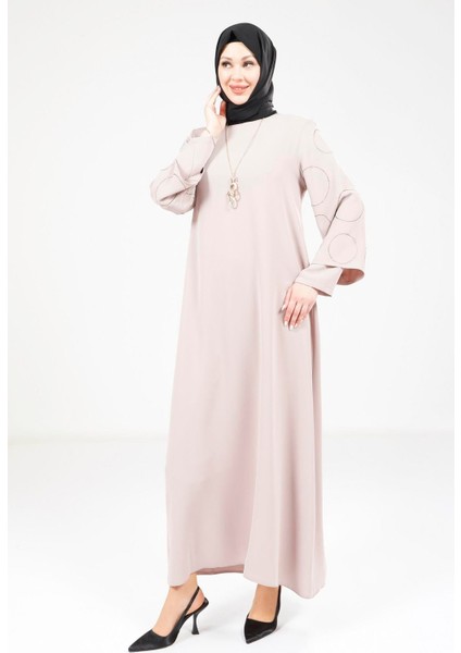 Kolu Taşlı Kolyeli Bej Elbise 9292 fırsatları