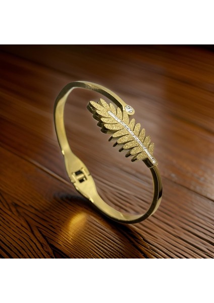 Yaprak Model Altın ve Gümüş Renk Seçeneğiyle Çelik Kelepçe Bileklik Üstten Açılır