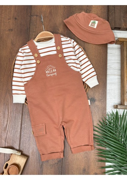 Babybiscoi Çizgili Uzun Kollu Sweatshirt Salopetli Safari Şapkalı 3'lü Erkek Bebek Takım