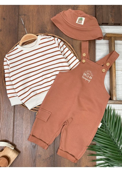 Babybiscoi Çizgili Uzun Kollu Sweatshirt Salopetli Safari Şapkalı 3'lü Erkek Bebek Takım modelleri