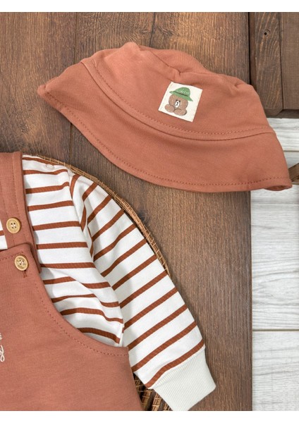 Babybiscoi Çizgili Uzun Kollu Sweatshirt Salopetli Safari Şapkalı 3'lü Erkek Bebek Takım indirimleri