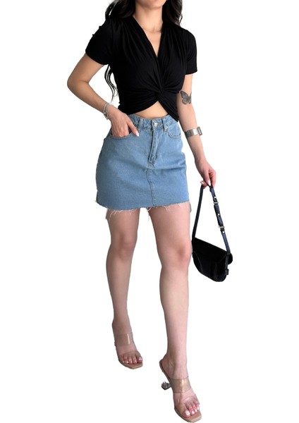 Kruvaze Yaka Fitilli Siyah Kadın Crop Bluz