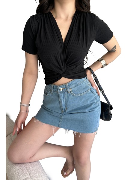 Kruvaze Yaka Fitilli Siyah Kadın Crop Bluz modelleri