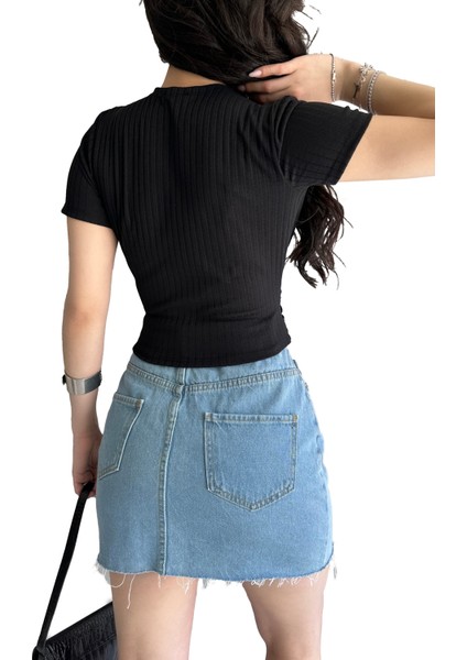 Kruvaze Yaka Fitilli Siyah Kadın Crop Bluz fırsatları