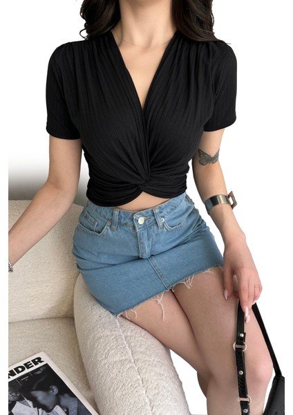 Kruvaze Yaka Fitilli Siyah Kadın Crop Bluz indirimleri