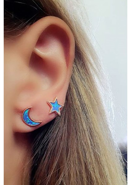 Opal Taşlı Ay Yıldız Figürlü 925 Ayar Gümüş Rose Trend Küpe