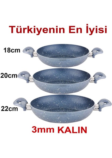 3lü Set Granit Sahan Seti 18-20-22 Yanmaz Yapışmaz Çift Kulp Tava Yaşamboyu Garanti 5 Kat Alüminyum