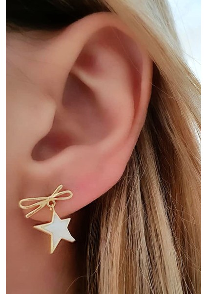 İtalyan tasarımı sedef taşlı gümüş üzerine altın kaplama yıldız küpe