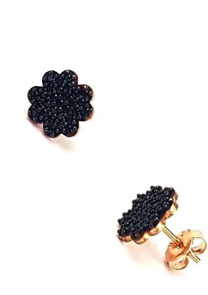 Oniks Taşlı Çiçek figürlü gümüş minimal küpe