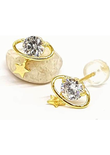 Gezegen Figürlü Gümüş Üzerine Altın kaplama zirkon taşlı minimal küpe