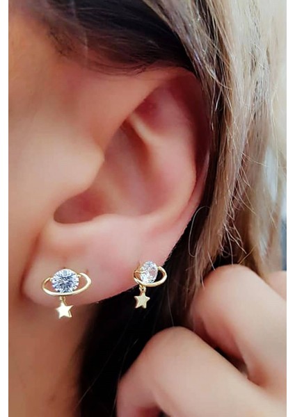 Gezegen Figürlü Gümüş Üzerine Altın kaplama zirkon taşlı minimal küpe fiyatları