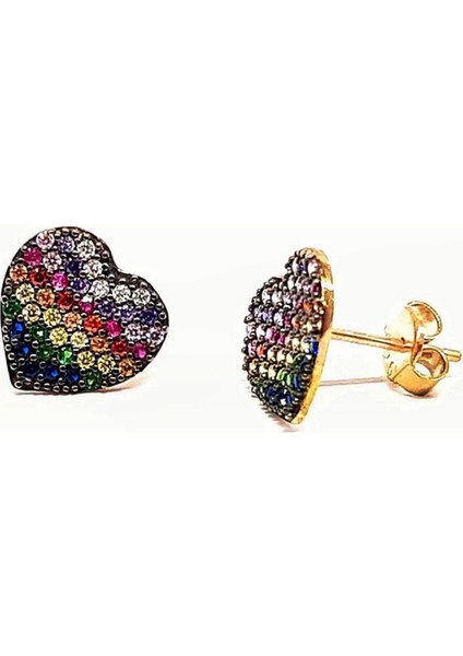 Renkli Kalp Figürlü Gümüş Rose Küpe