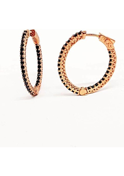 Oniks Taşlı Gümüş Üzerine rose altın kaplama halka küpe