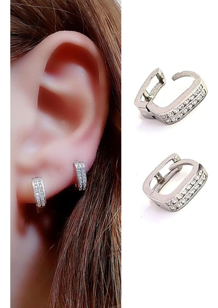 çift sıra zirkon taşlı 925 ayar gümüş minimal halka cift küpe 1cm