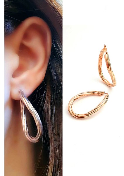 925 Ayar Gümüş Rose Burgu Oval Halka Küpe