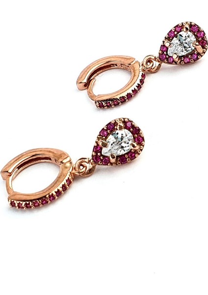 Pembe Zirkon Taşlı 925 Ayar Gümüş Rose Damla Küpe modelleri