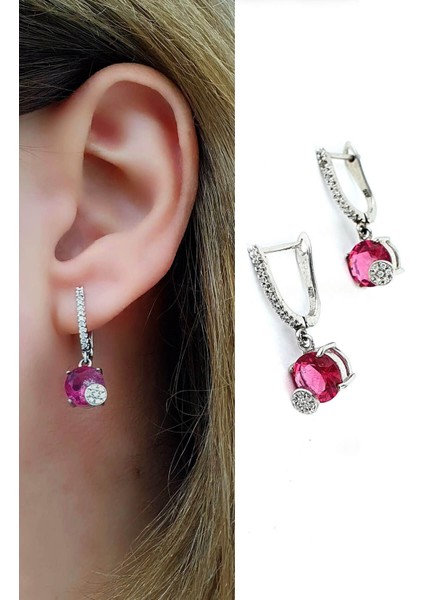 Pembe Zirkon Taşlı 925 Ayar Gümüş Trend Küpe